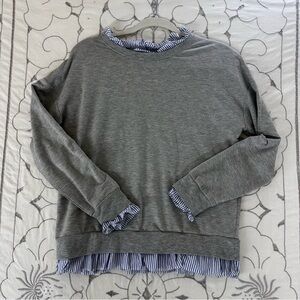 Gray Sweater with Blue & White Striped Hem lightweight crewneck women's medium